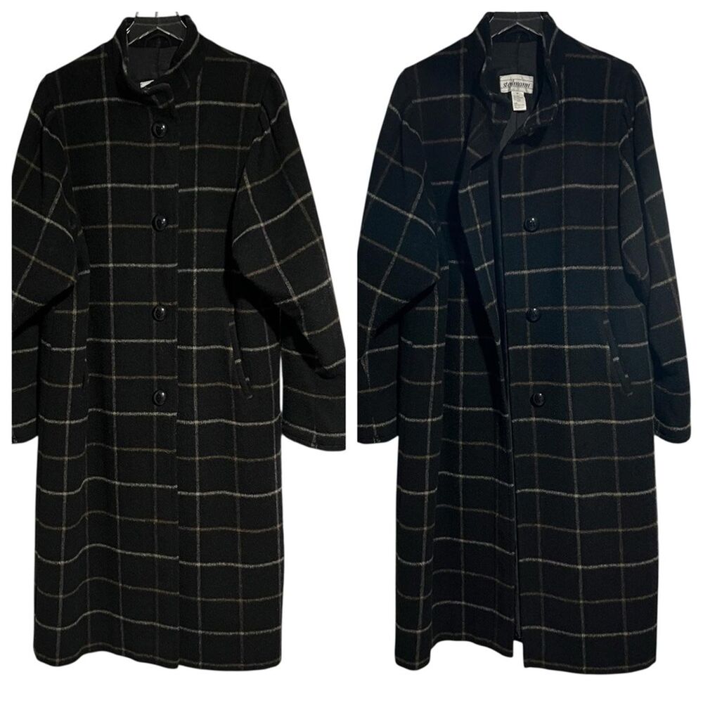 Black Wool Coat Tan Cream Check Long Length Low Collar Warm Winter Steilmann EC